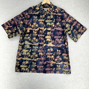 Basic Options Shirt Mens Large Blue Hawaiian Tropical Short Sleeve Button Up